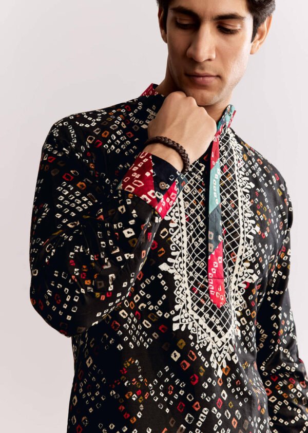 Black Silk Kurta Set with Bandhani Print