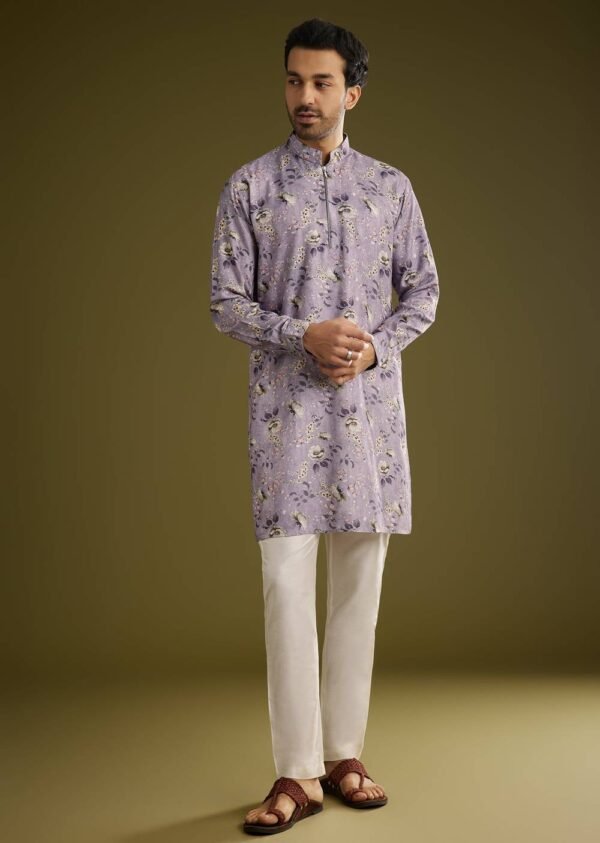 Purple Zipper Kurta Set in Russian Silk with Floral Print