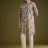 Grey Printed Kurta Set In Russian Silk With Zipper