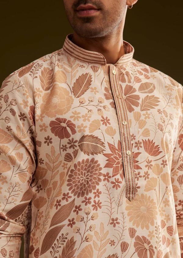 Cream Brown Silk Floral Printed Kurta Set