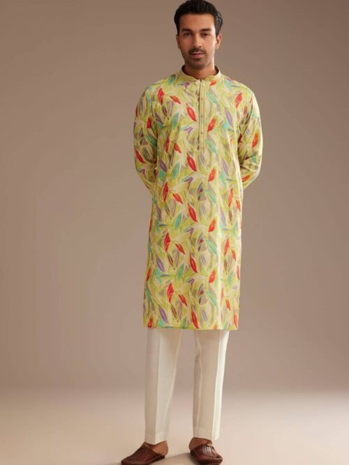Lime Green Silk Leaf Printed Kurta Set