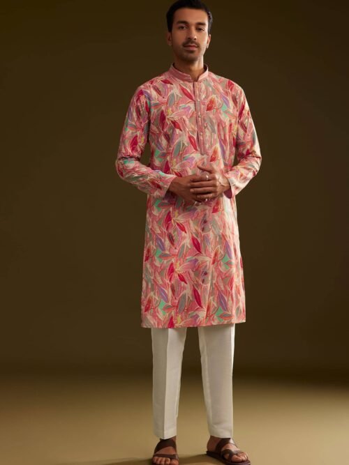 Pink Silk Leaf Printed Kurta Set