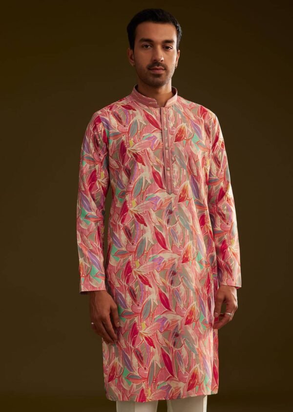 Pink Silk Leaf Printed Kurta Set