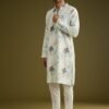 White Linen Zipper Kurta Set With Abstract Leaf Motifs