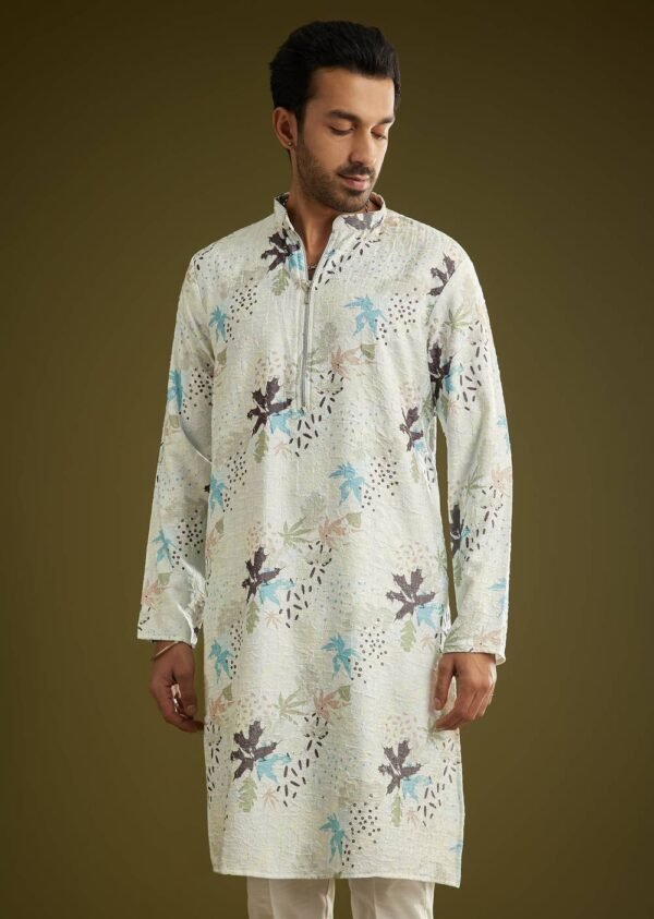 White Linen Zipper Kurta Set With Abstract Leaf Motifs