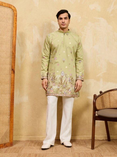 Light Green Festive Wear Embroidered Kurta Set For Mens