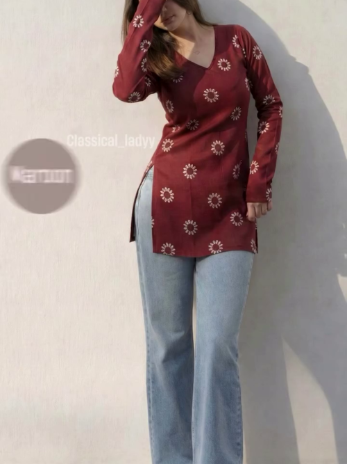 Maroon Printed Long Kurti Top