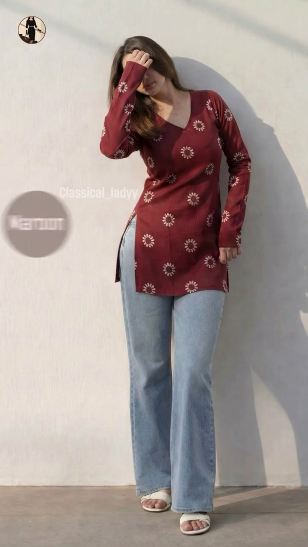 Maroon Printed Long Kurti Top