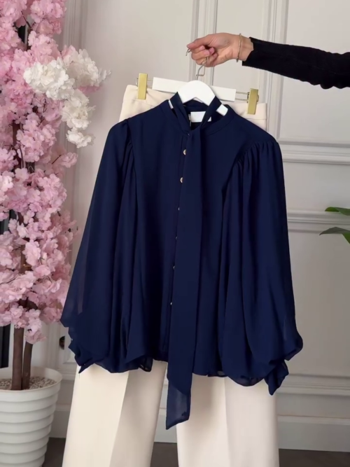 Navy Chiffon Blouse with Wide Pants
