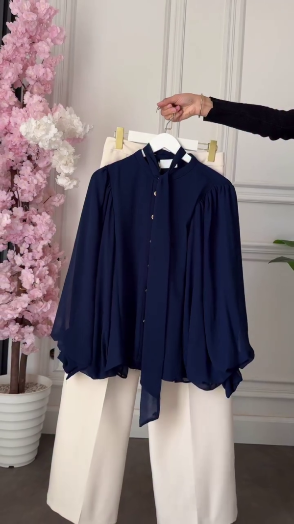 Navy Blue Tie-Neck Blouse with Trousers