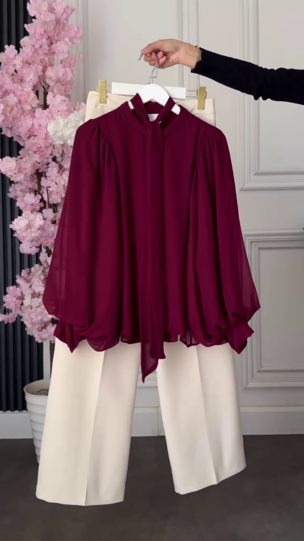 Navy Chiffon Blouse with Wide Pants