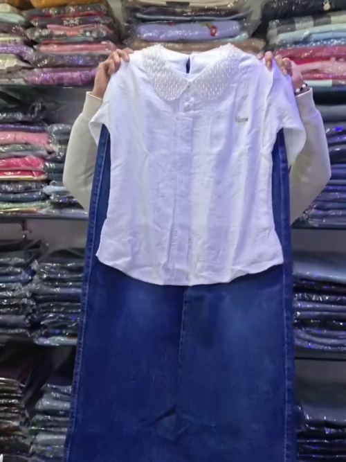 White Embroidered Top with Denim Skirt Set