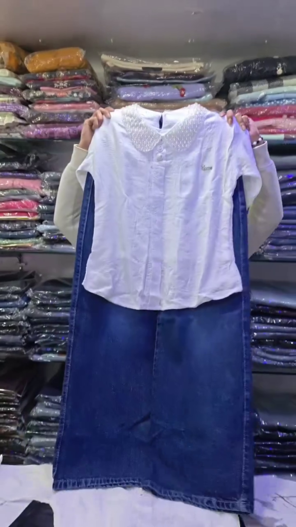 White Embroidered Top with Denim Skirt Set