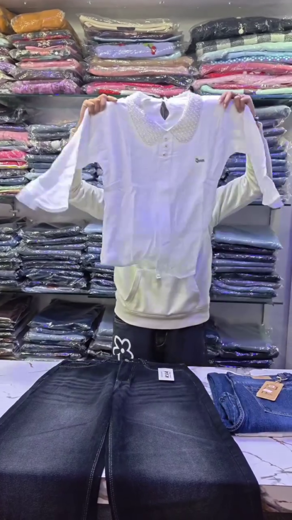 White Embroidered Top with Denim Skirt Set