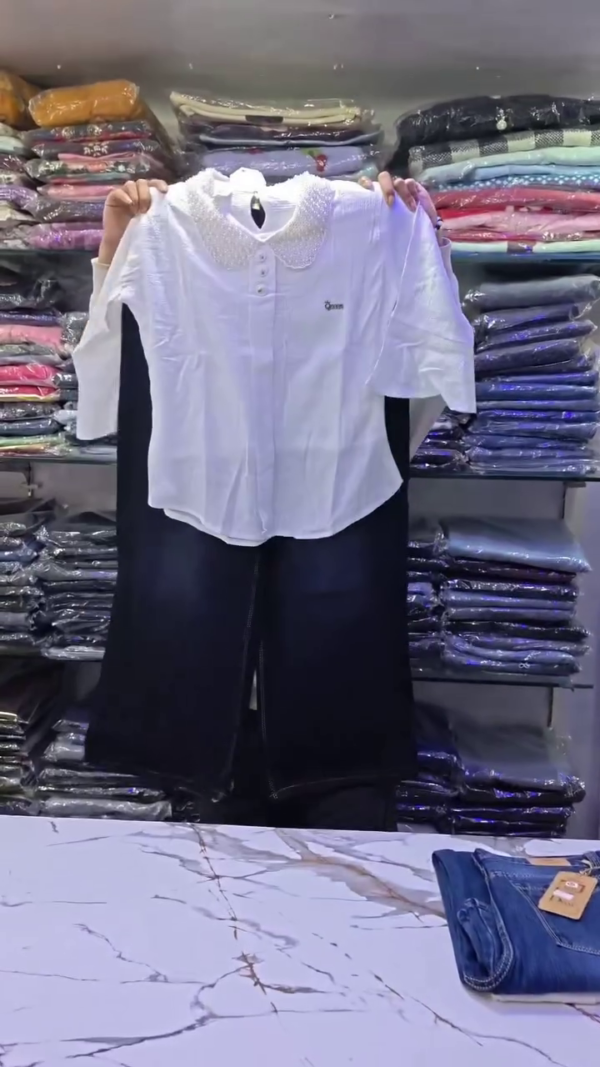 White Embroidered Top with Denim Skirt Set