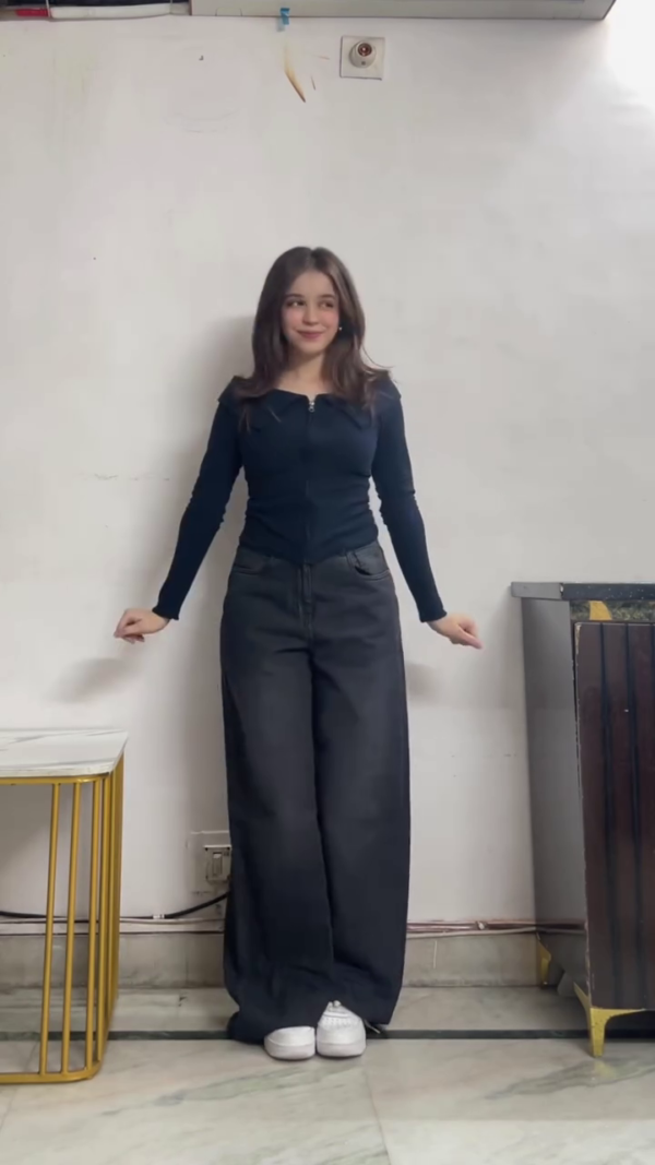 Black Off-Shoulder Top with Wide-Leg Jeans