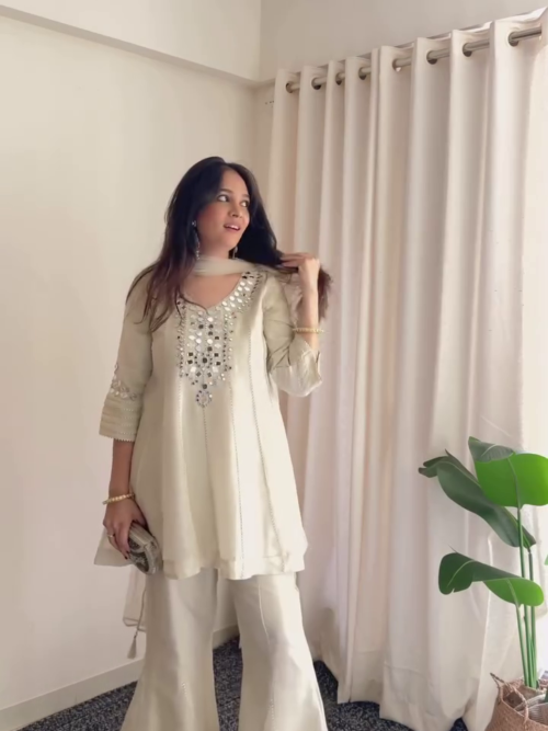 Cream Embroidered Kurta Palazzo Set