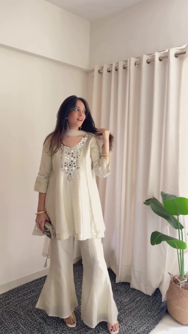 Cream Embroidered Kurta Palazzo Set