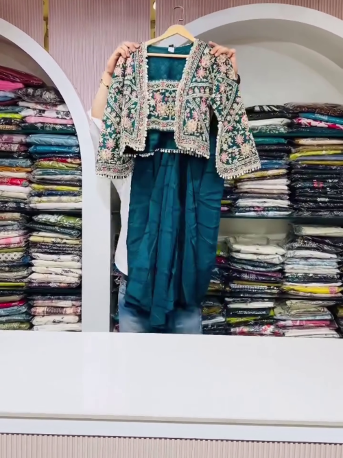 Teal Embroidered Ethnic Set with Jacket
