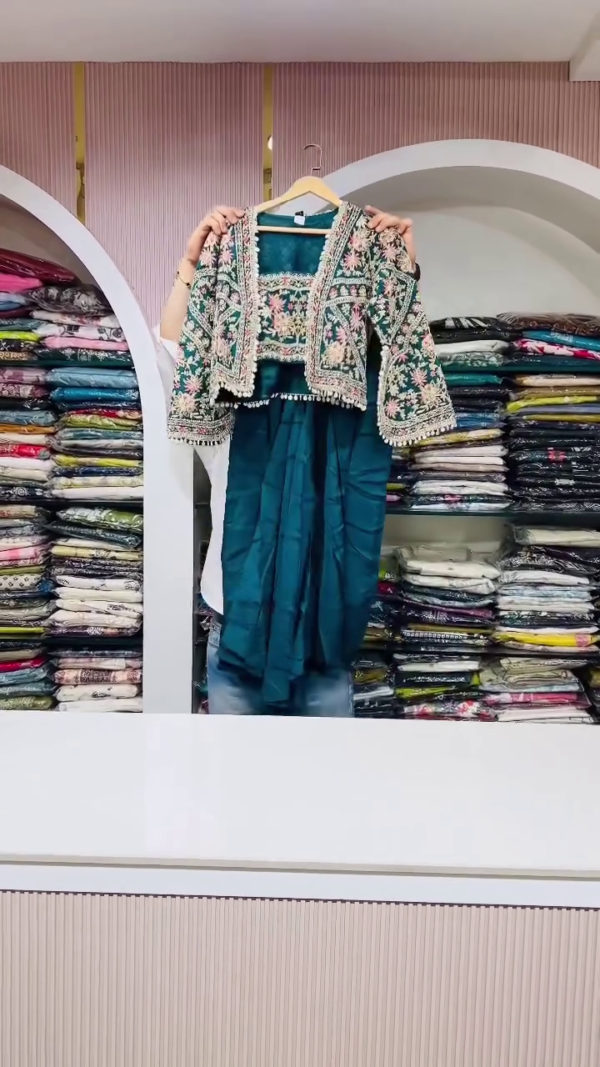 Teal Embroidered Ethnic Set with Jacket