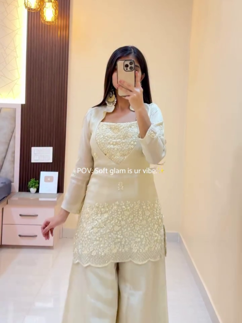 . Cream Soft Glam Kurta Palazzo Set