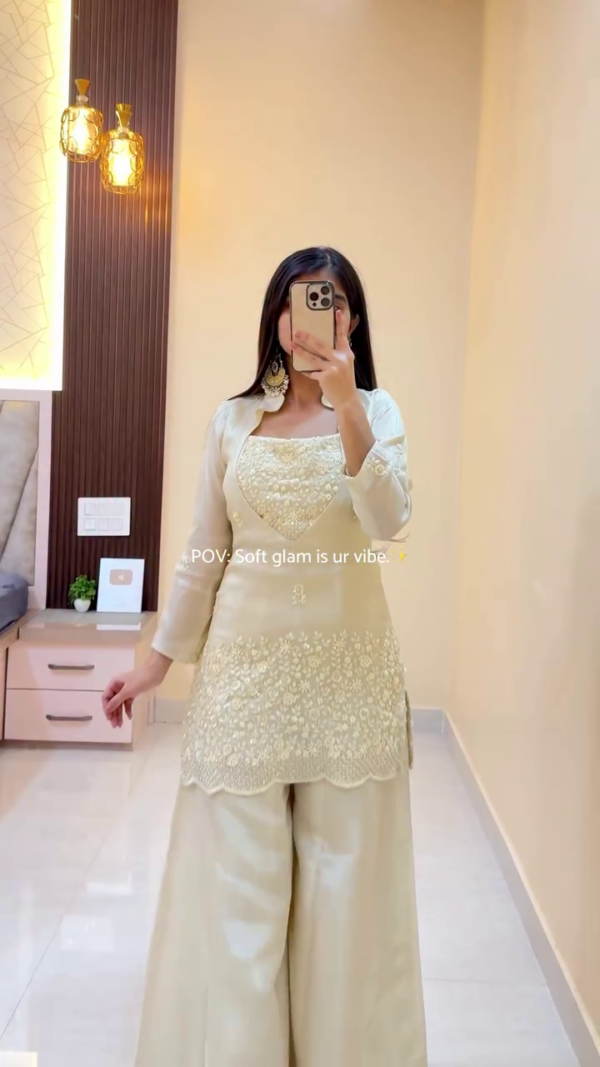 . Cream Soft Glam Kurta Palazzo Set