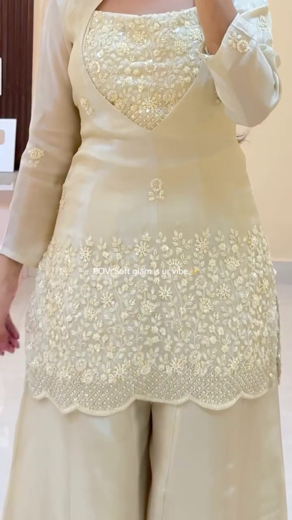 . Cream Soft Glam Kurta Palazzo Set