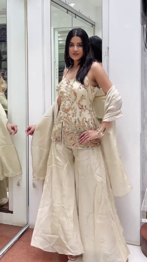 Beige Embroidered Sharara Set