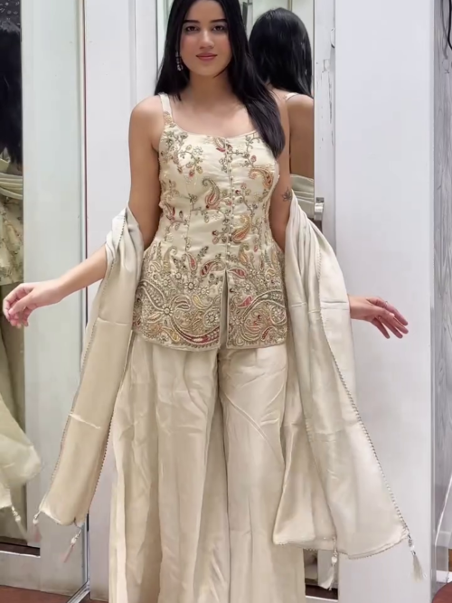 Beige Embroidered Sharara Set