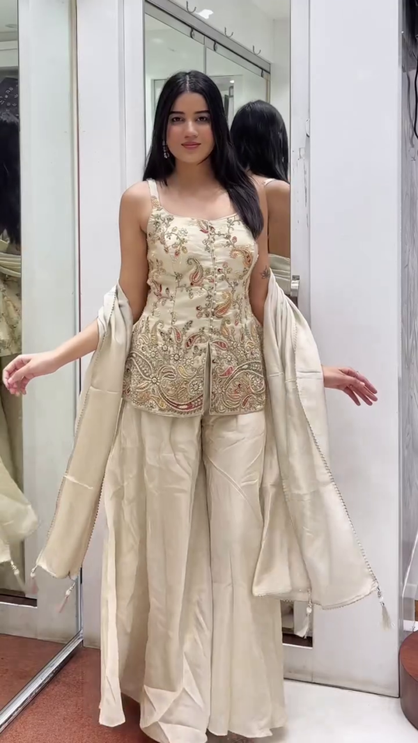 Beige Embroidered Sharara Set