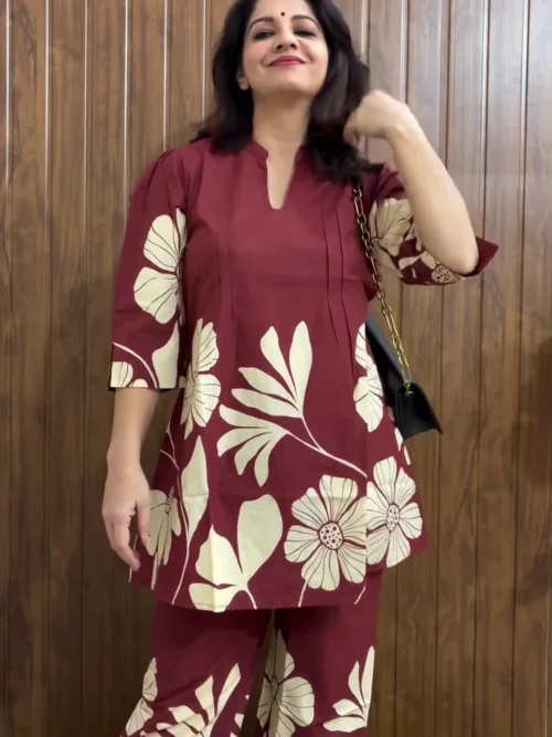 Jisora Rustic Flora Cotton Co-Ord Set – Printed Tunic with Palazzos