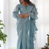 Sky Blue Ready-to-Wear Saree with Stitched Blouse in Luxurious Jimmy Choo Fabric