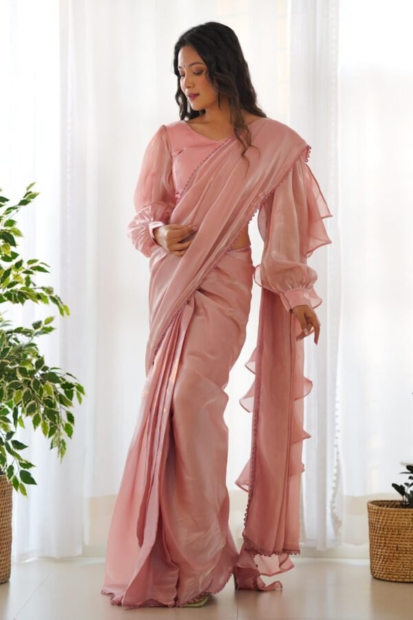 Elegant Pink Jimmy Organza Fabric Ready-to-Wear Saree with Stitched Blouse