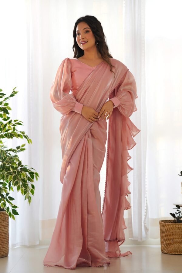 Elegant Pink Jimmy Organza Fabric Ready-to-Wear Saree with Stitched Blouse