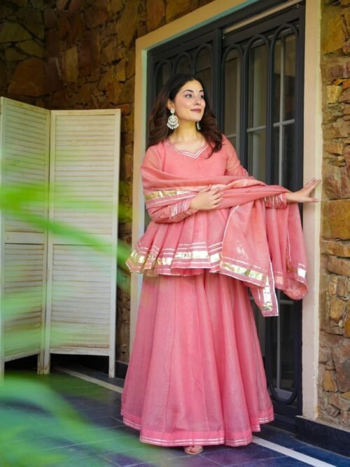 Elegant Pink Crushed Tissue Fabric Kurta Set