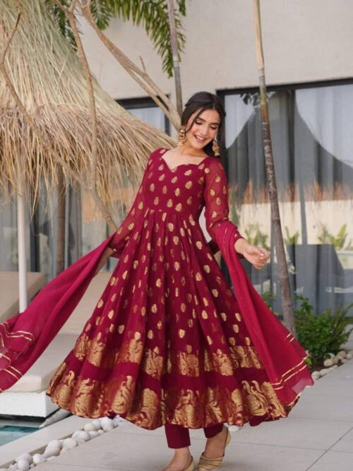 Maroon Jacquard Sringar Anarkali Suit Set