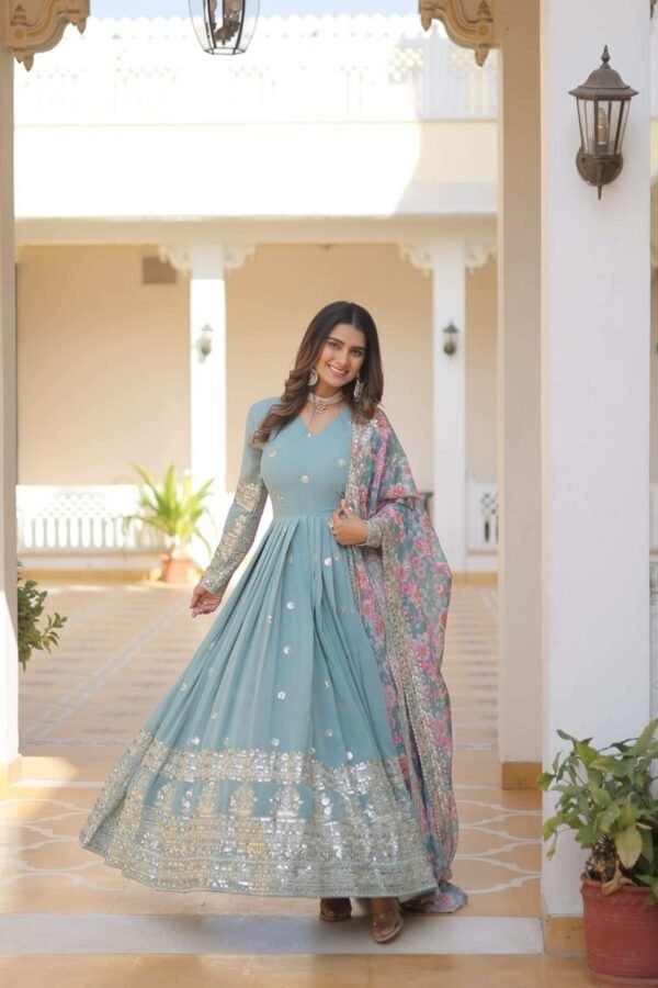 Sky Blue Heavy Embroidery Work Gown with Dupatta