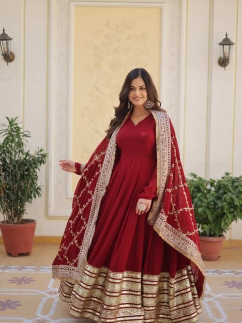 Luxurious Maroon Heavy Designer Gown with Dupatta