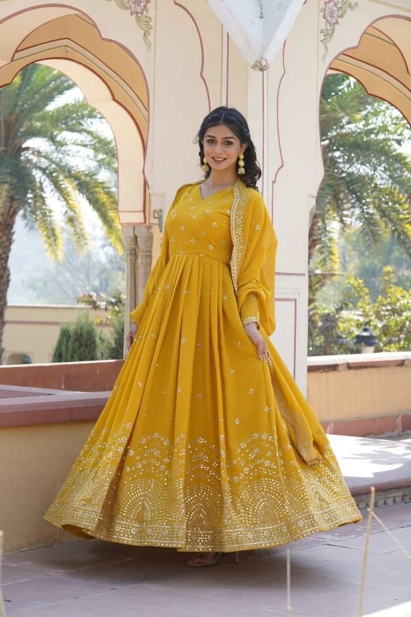 Yellow Wedding Wear Heavy Sequence Work Gown with Dupatta