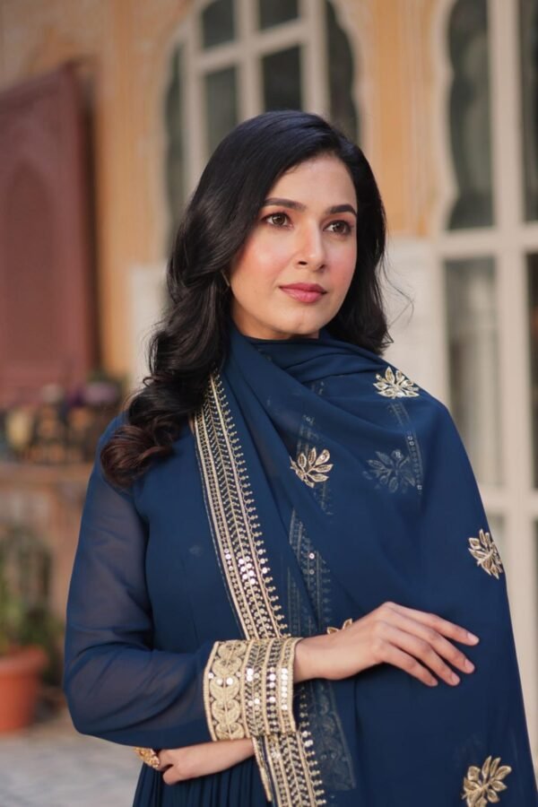 Royal Blue Faux Blooming Gown with Zari Sequins Embroidery