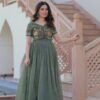 Metal Green Jacket Style South Indian Gown Set