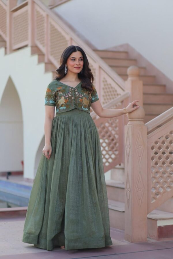 Metal Green Jacket Style South Indian Gown Set
