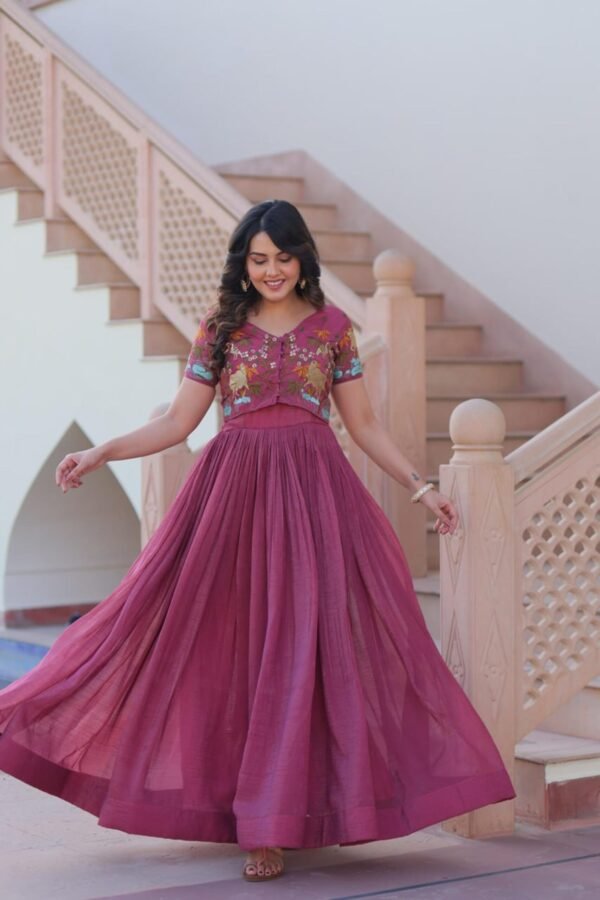 Ruby Color Jacket Style South Indian Gown Set