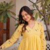 Yellow Cotton Kurti Pant Set with Embroidered Work