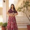 Luxurious Wine Russian Silk with Digital Print Lehenga with Designer Blouse