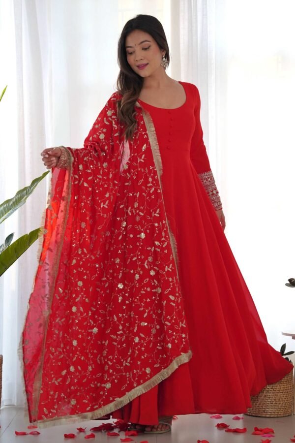 Gourgeous Red Color Georgette Gown Full Set with Embroidered Dupatta
