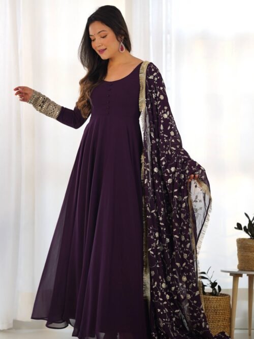 Elegant Wine Georgette Gown Set with Dupatta - Luxurious & Chic