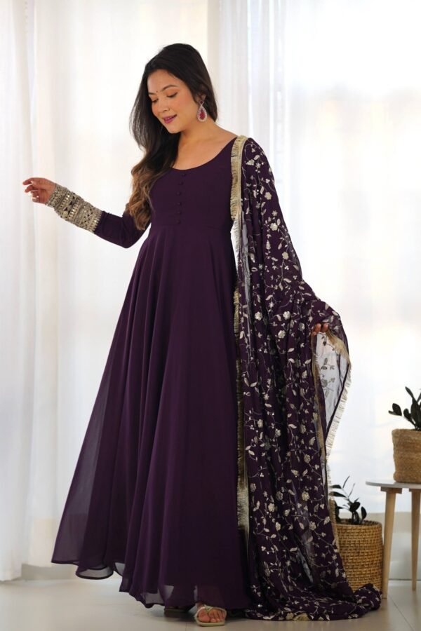 Elegant Wine Georgette Gown Set with Dupatta - Luxurious & Chic