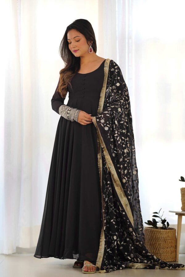 Timeless Black Georgette Gown Ensemble Luxurious Embellishments