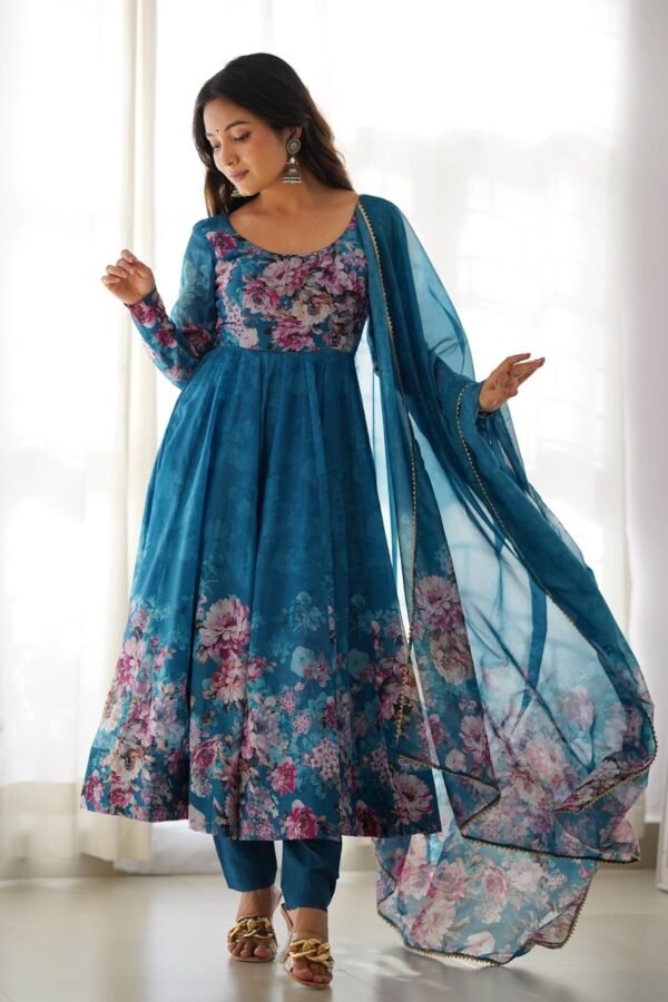 Luxurious Turkish Floral Printed Organza Anarkali Suit Set with Dupatta